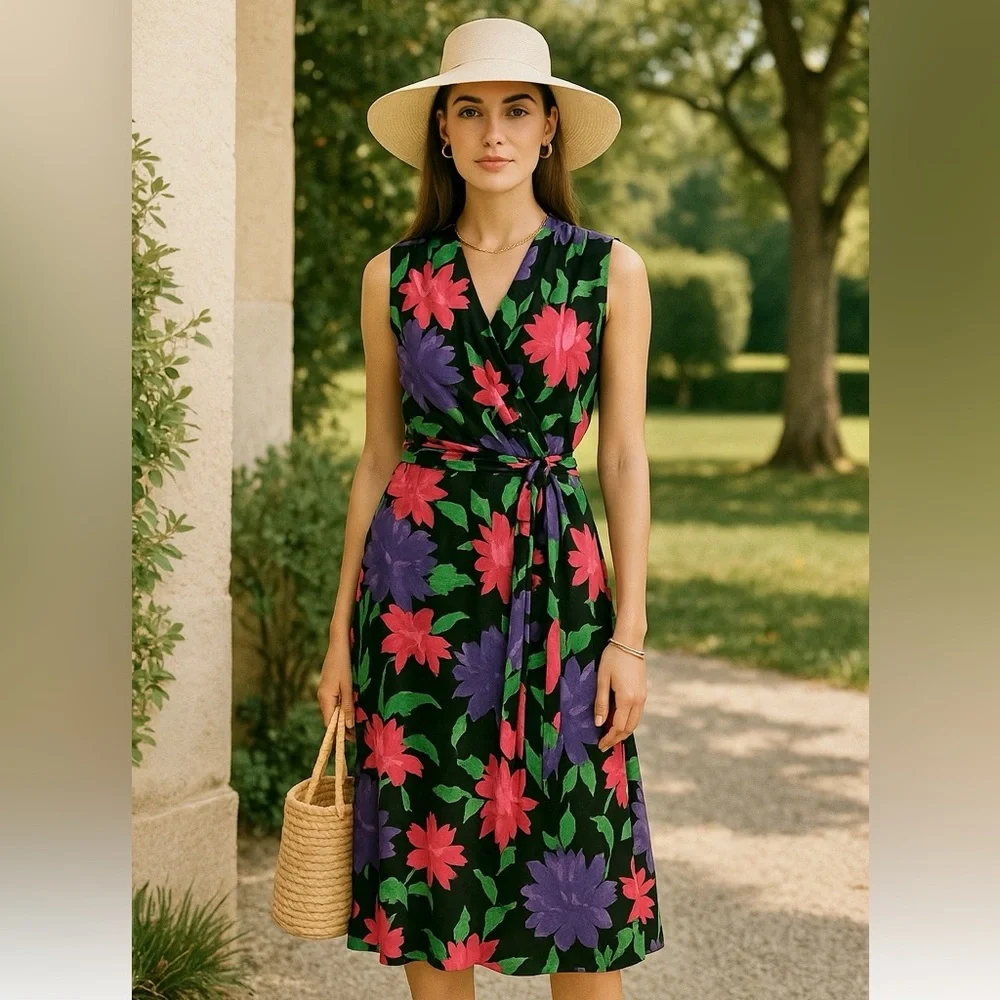 LAUREN Ralph Lauren Sleeveless Dress 1X Faux Wrap Dark Floral Work Wedding - Picture 8 of 14